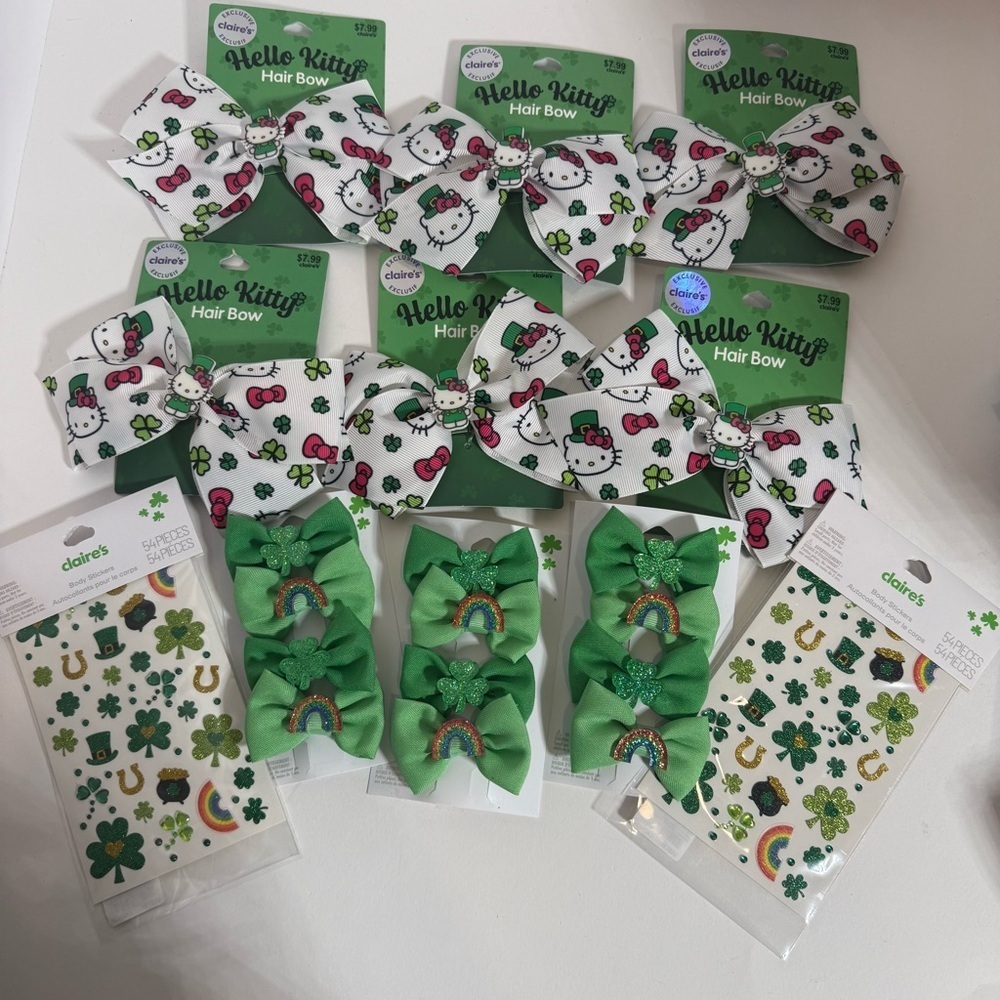 Claire's Hello Kitty Green Clover & Bright Rainbows Hair Bow Clips Body Stickers
